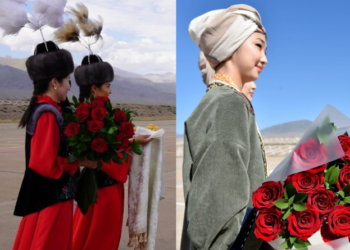 Селде сымал жоолук оронбой, үкүлүү тебетей кийген кыздар. Чолпон-Атада Евразия өкмөттөр аралык кеңешинин жыйыны өтөт