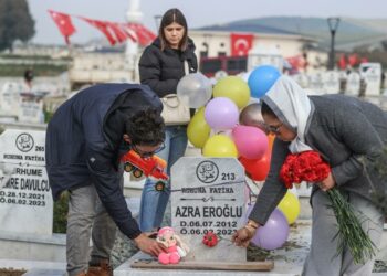 Түркиядагы жер титирөөгө 1 жыл. Каза болгон балдардын мүрзөлөрүнө шар илинип, оюнчук коюлду