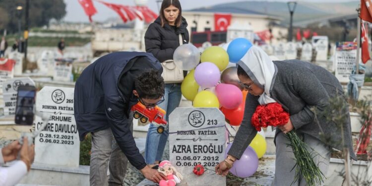 Түркиядагы жер титирөөгө 1 жыл. Каза болгон балдардын мүрзөлөрүнө шар илинип, оюнчук коюлду